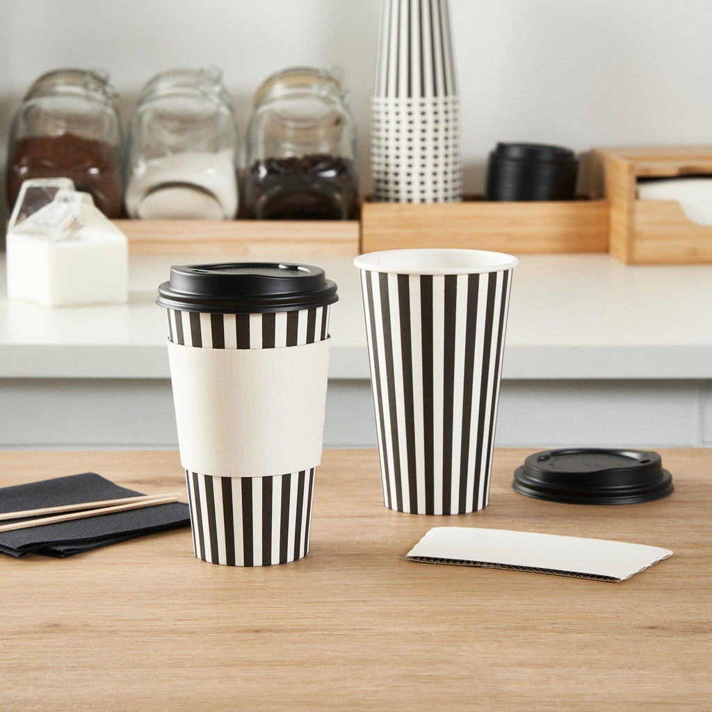 Restpresso 16 oz Black and White Stripe Paper Single Wall Coffee Cup - with Black Lid - 3 1/2"x 3 1/2"x 5 1/2" - 20 count box