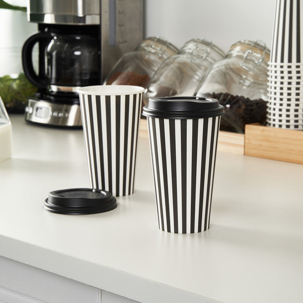 Restpresso 16 oz Black and White Stripe Paper Single Wall Coffee Cup - with Black Lid - 3 1/2"x 3 1/2"x 5 1/2" - 400 count box
