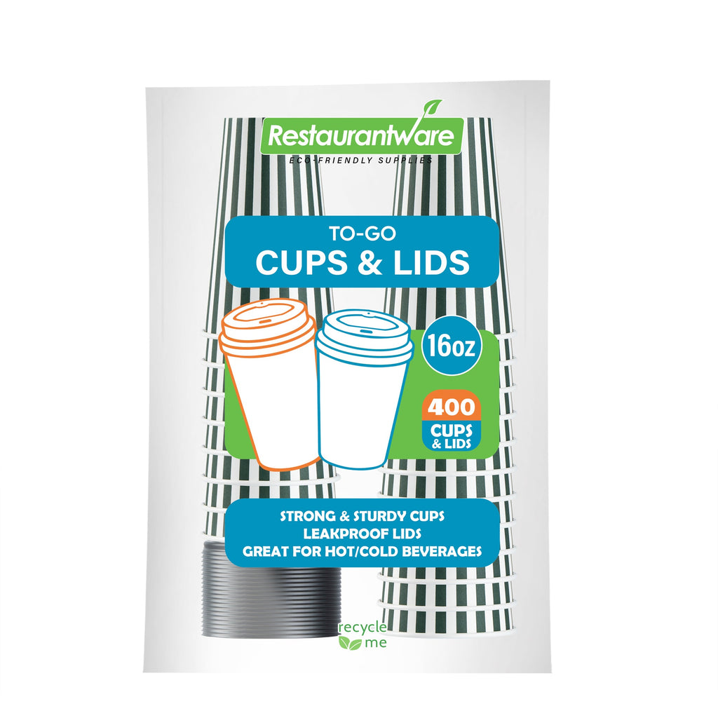 Restpresso 16 oz Forest Green and White Stripe Paper Single Wall Coffee Cup - with Black Lid - 3 1/2"x 3 1/2"x 5 1/2" - 20 count box