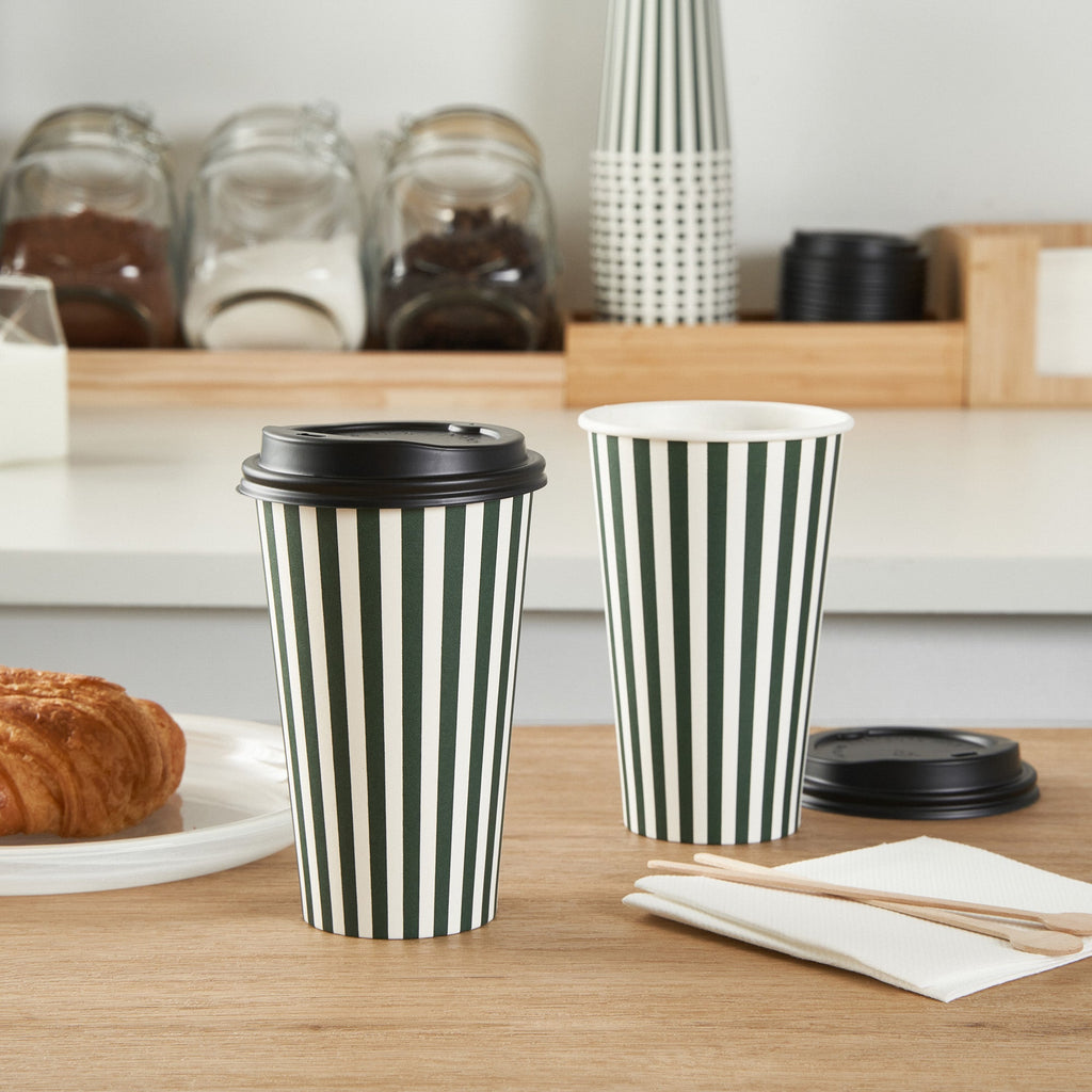 Restpresso 16 oz Forest Green and White Stripe Paper Single Wall Coffee Cup - with Black Lid - 3 1/2"x 3 1/2"x 5 1/2" - 20 count box