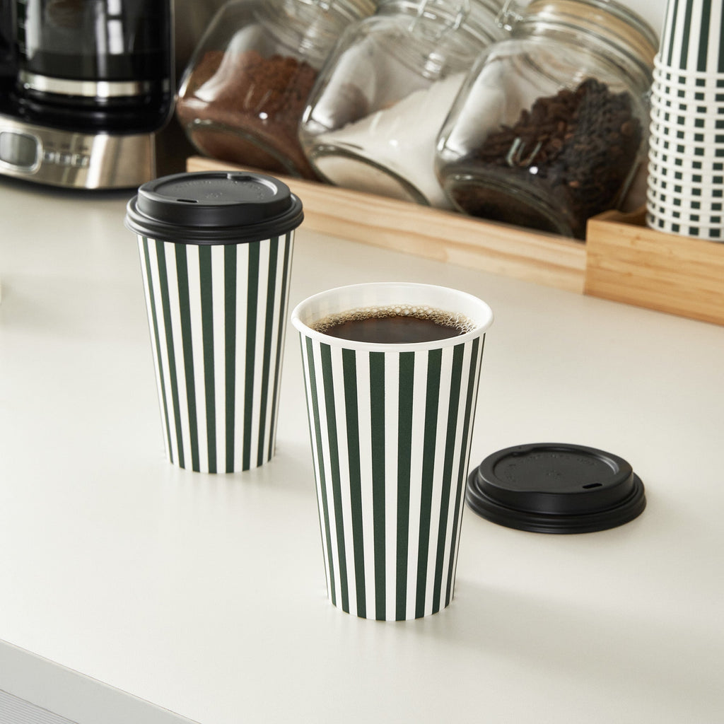 Restpresso 16 oz Forest Green and White Stripe Paper Single Wall Coffee Cup - with Black Lid - 3 1/2"x 3 1/2"x 5 1/2" - 400 count box