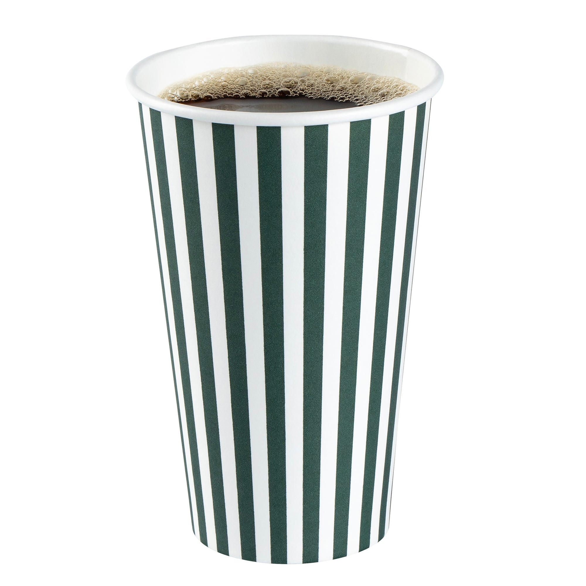 Restpresso 16 oz Forest Green and White Stripe Paper Single Wall Coffee Cup - with Black Lid - 3 1/2"x 3 1/2"x 5 1/2" - 400 count box