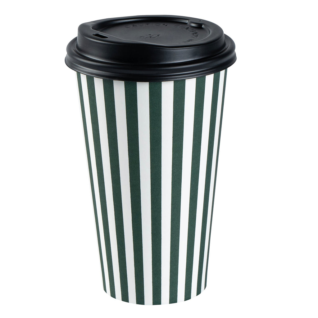 Restpresso 16 oz Forest Green and White Stripe Paper Single Wall Coffee Cup - with Black Lid - 3 1/2"x 3 1/2"x 5 1/2" - 400 count box