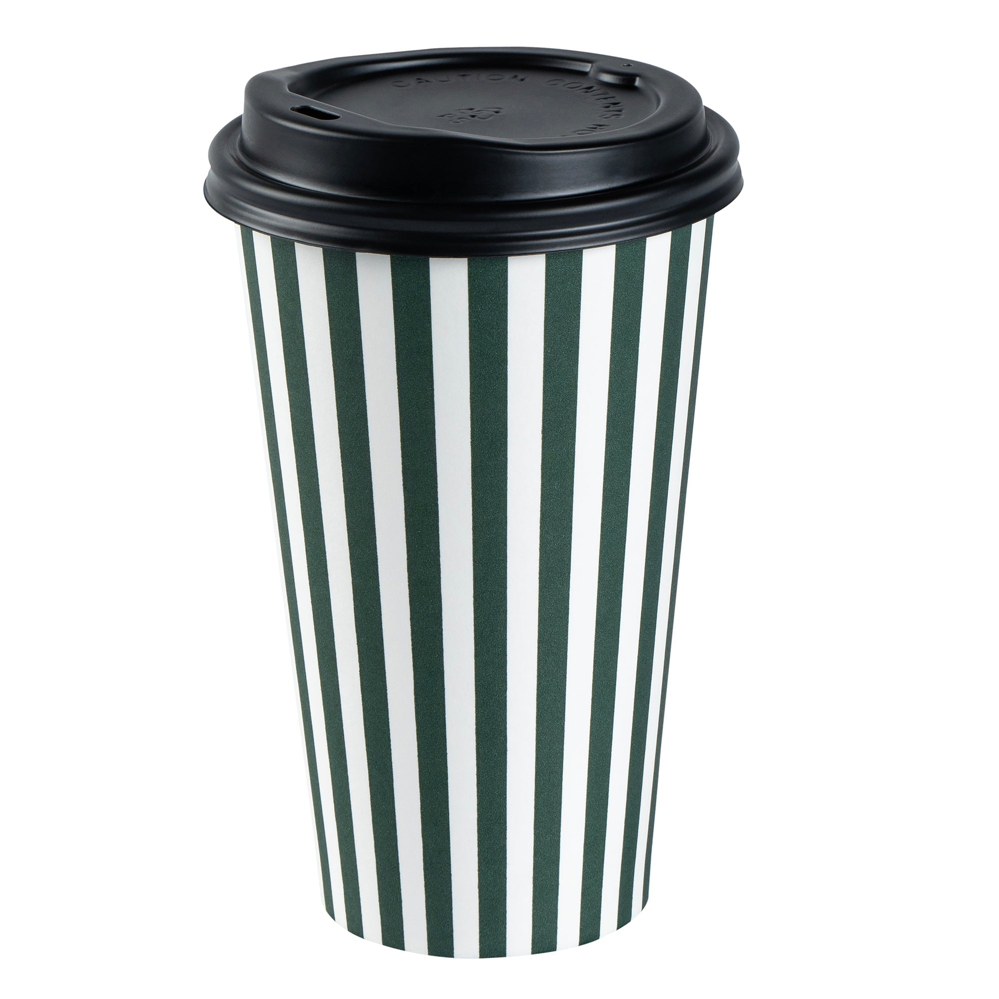 Restpresso 16 oz Forest Green and White Stripe Paper Single Wall Coffee Cup - with Black Lid - 3 1/2"x 3 1/2"x 5 1/2" - 400 count box