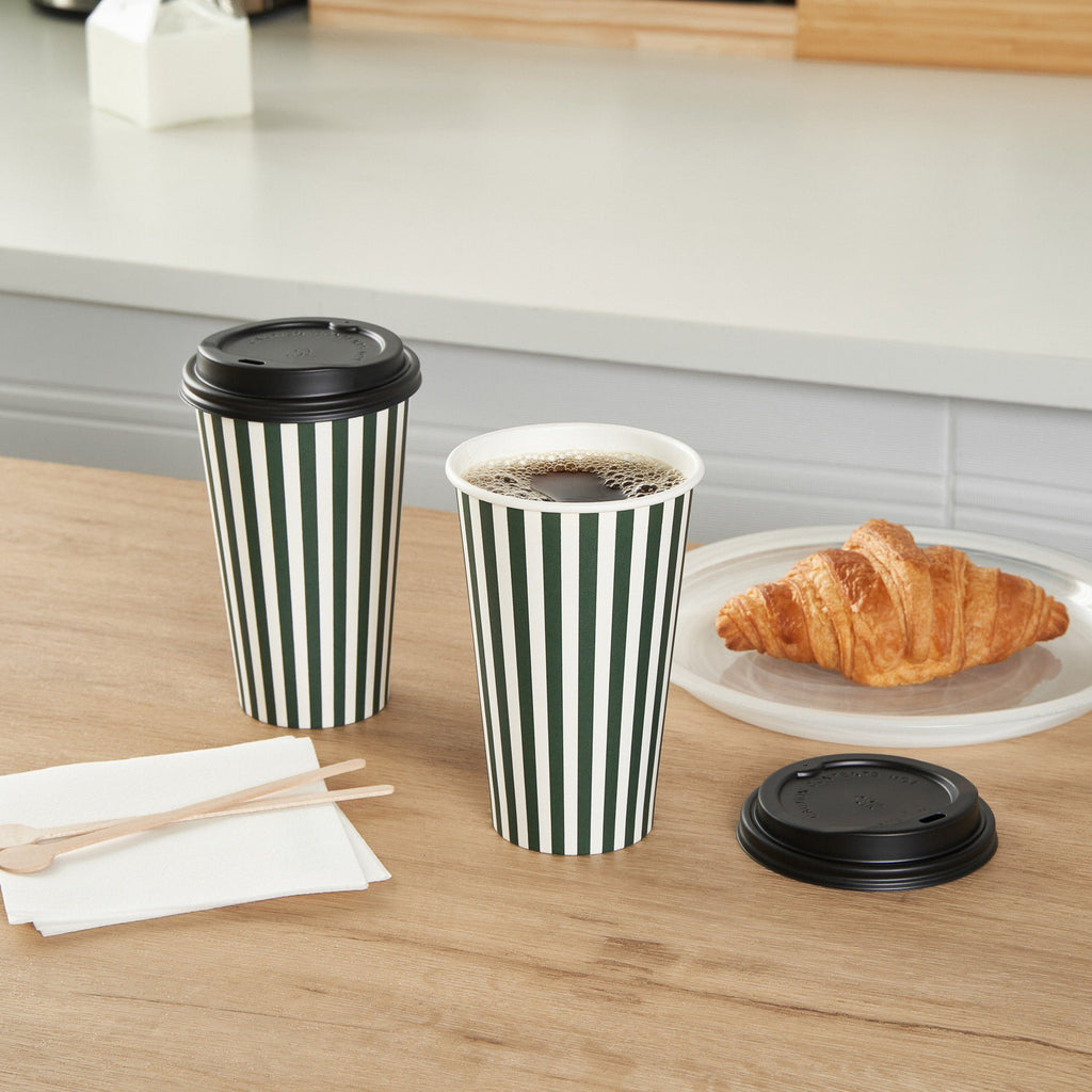Restpresso 16 oz Forest Green and White Stripe Paper Single Wall Coffee Cup - with Black Lid - 3 1/2"x 3 1/2"x 5 1/2" - 400 count box