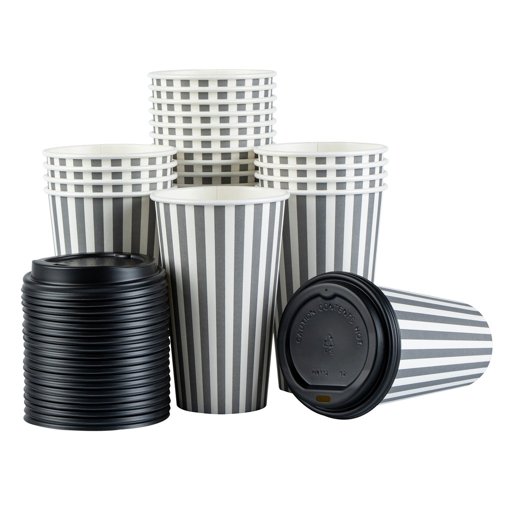 Restpresso 16 oz Gray and White Stripe Paper Single Wall Coffee Cup - with Black Lid - 3 1/2"x 3 1/2"x 5 1/2" - 20 count box