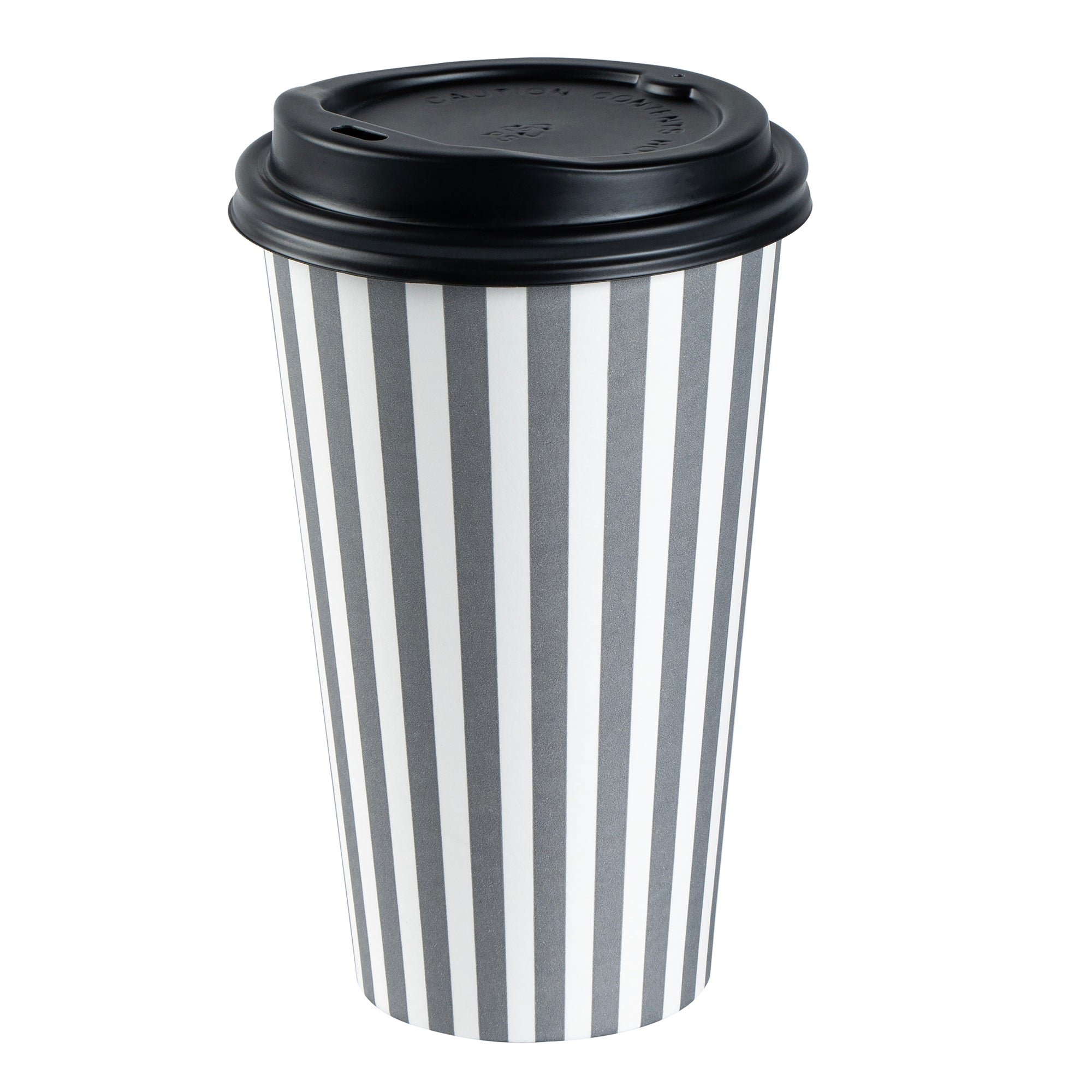 Restpresso 16 oz Gray and White Stripe Paper Single Wall Coffee Cup - with Black Lid - 3 1/2"x 3 1/2"x 5 1/2" - 20 count box