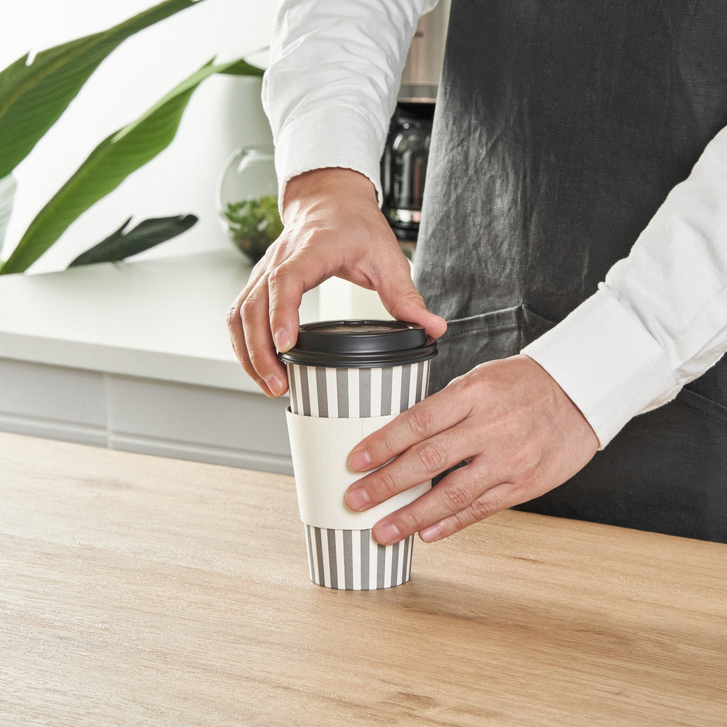 Restpresso 16 oz Gray and White Stripe Paper Single Wall Coffee Cup - with Black Lid - 3 1/2"x 3 1/2"x 5 1/2" - 20 count box