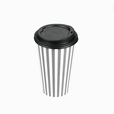 Restpresso 16 oz Gray and White Stripe Paper Single Wall Coffee Cup - with Black Lid - 3 1/2"x 3 1/2"x 5 1/2" - 400 count box