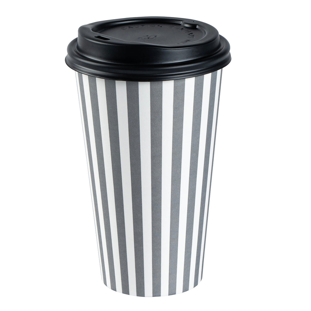 Restpresso 16 oz Gray and White Stripe Paper Single Wall Coffee Cup - with Black Lid - 3 1/2"x 3 1/2"x 5 1/2" - 400 count box