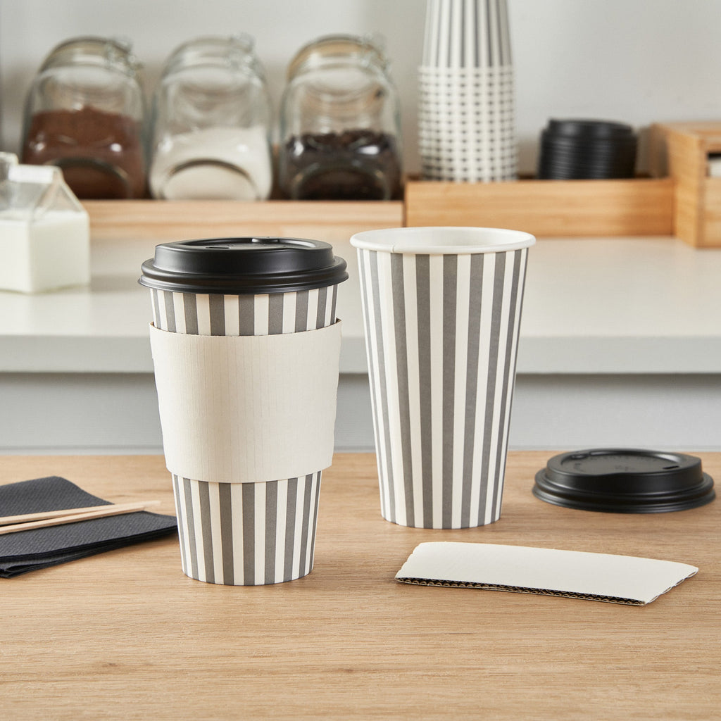 Restpresso 16 oz Gray and White Stripe Paper Single Wall Coffee Cup - with Black Lid - 3 1/2"x 3 1/2"x 5 1/2" - 400 count box