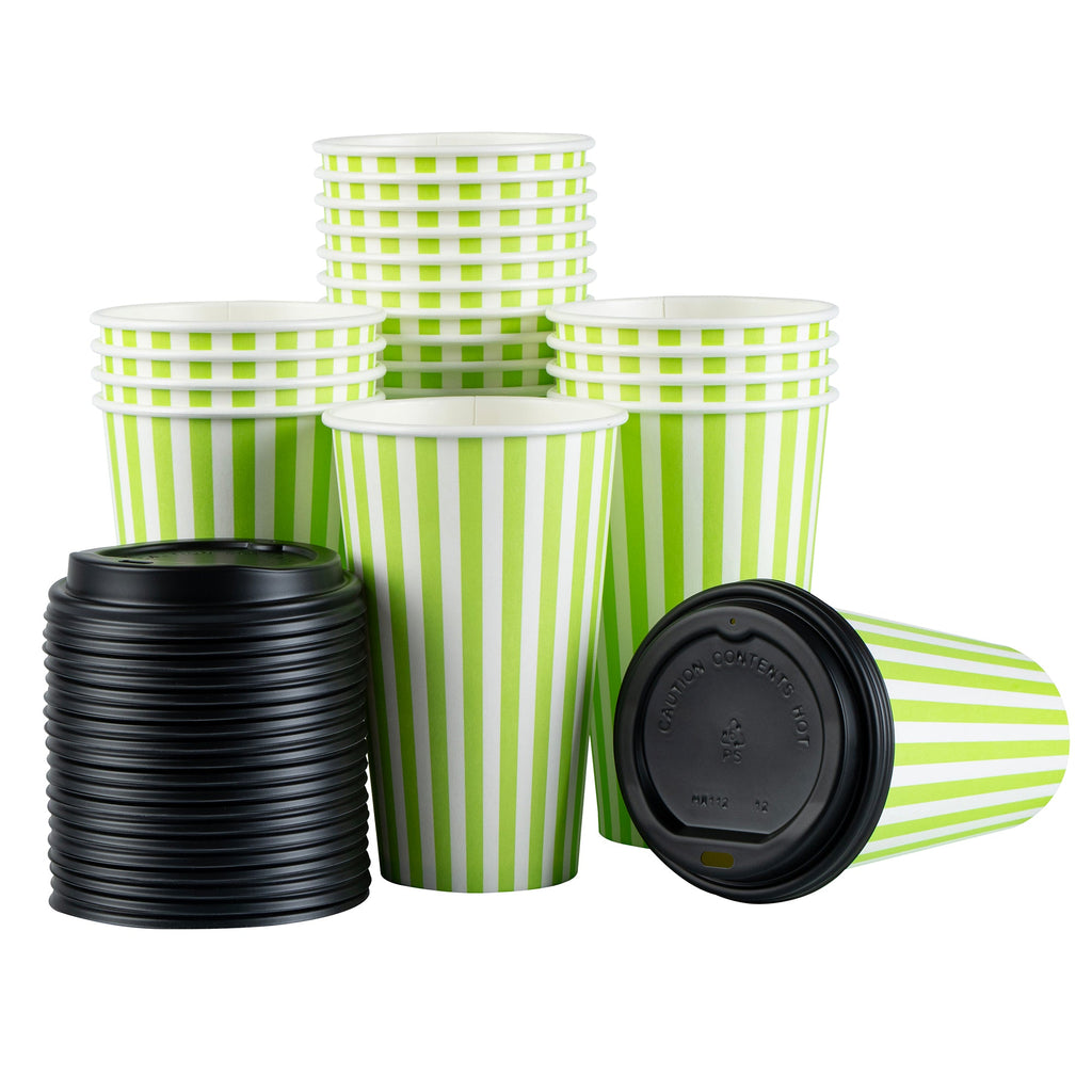 Restpresso 16 oz Green and White Stripe Paper Single Wall Coffee Cup - with Black Lid - 3 1/2"x 3 1/2"x 5 1/2" - 20 count box