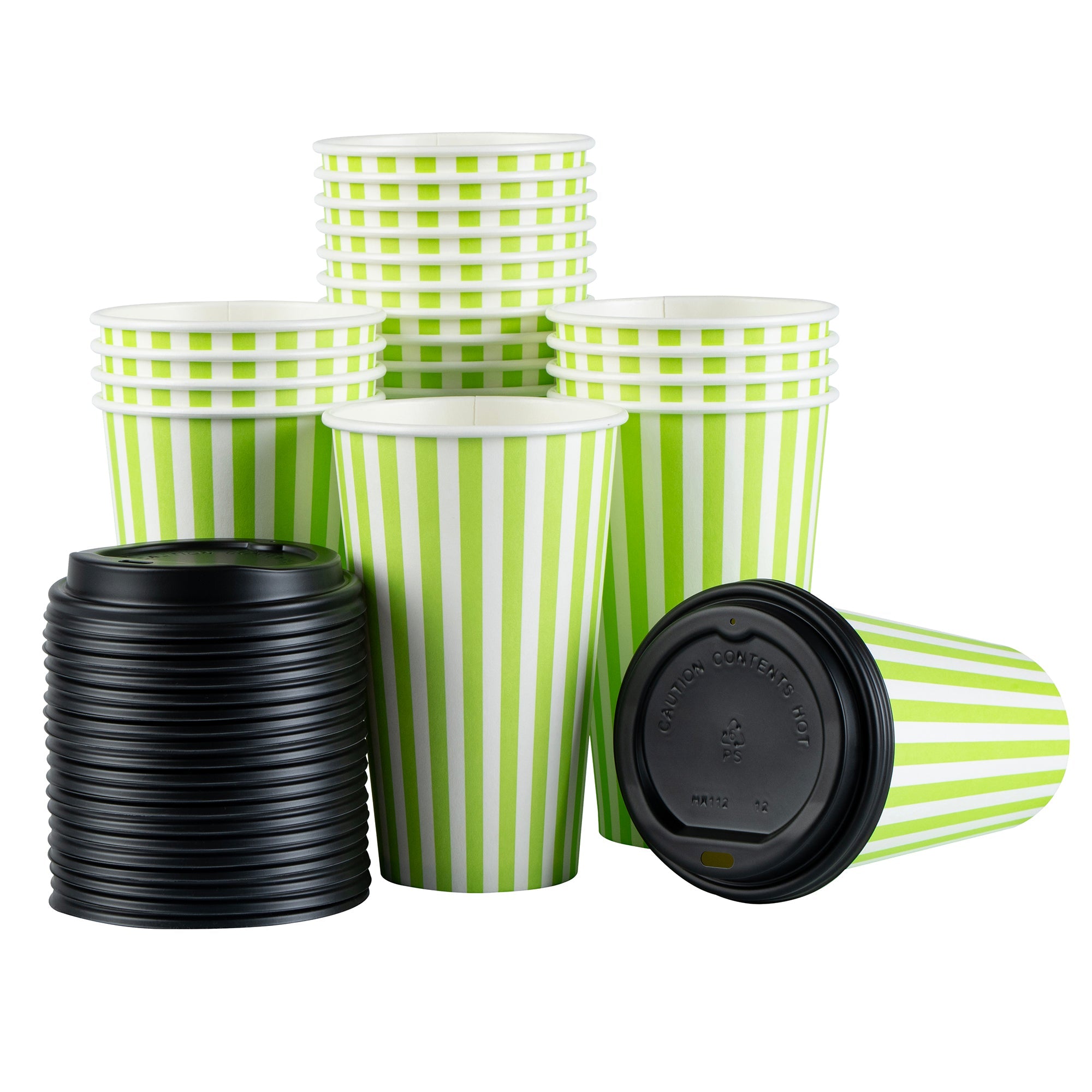 Restpresso 16 oz Green and White Stripe Paper Single Wall Coffee Cup - with Black Lid - 3 1/2"x 3 1/2"x 5 1/2" - 20 count box
