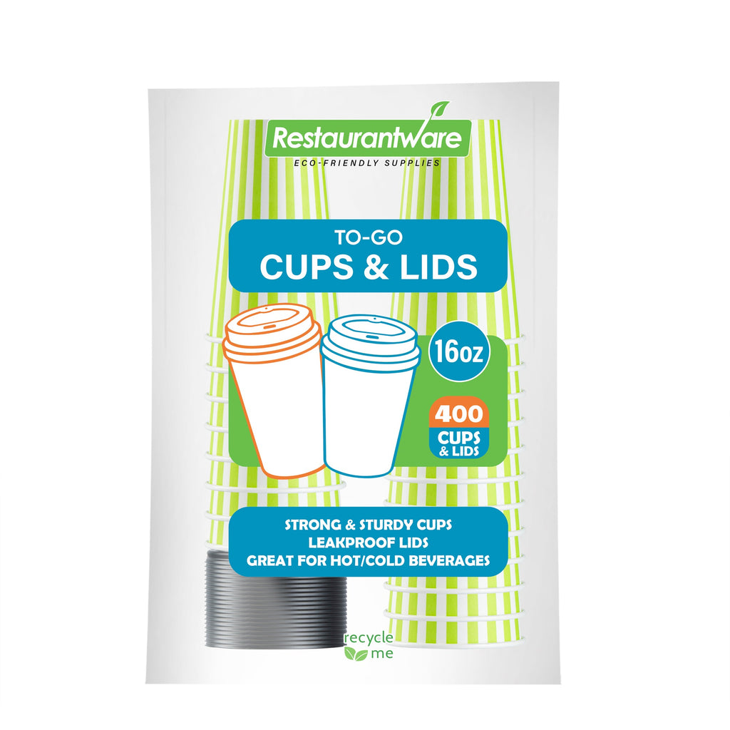 Restpresso 16 oz Green and White Stripe Paper Single Wall Coffee Cup - with Black Lid - 3 1/2"x 3 1/2"x 5 1/2" - 20 count box
