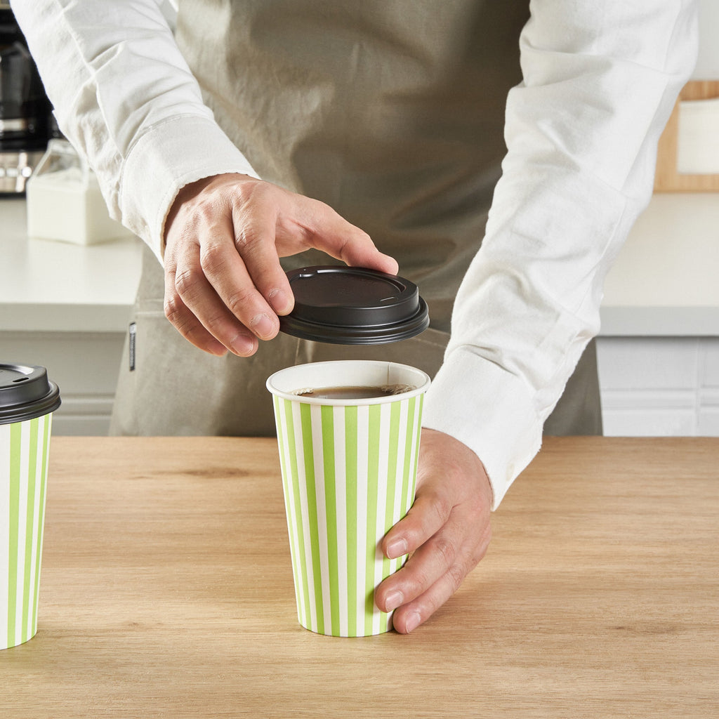 Restpresso 16 oz Green and White Stripe Paper Single Wall Coffee Cup - with Black Lid - 3 1/2"x 3 1/2"x 5 1/2" - 20 count box