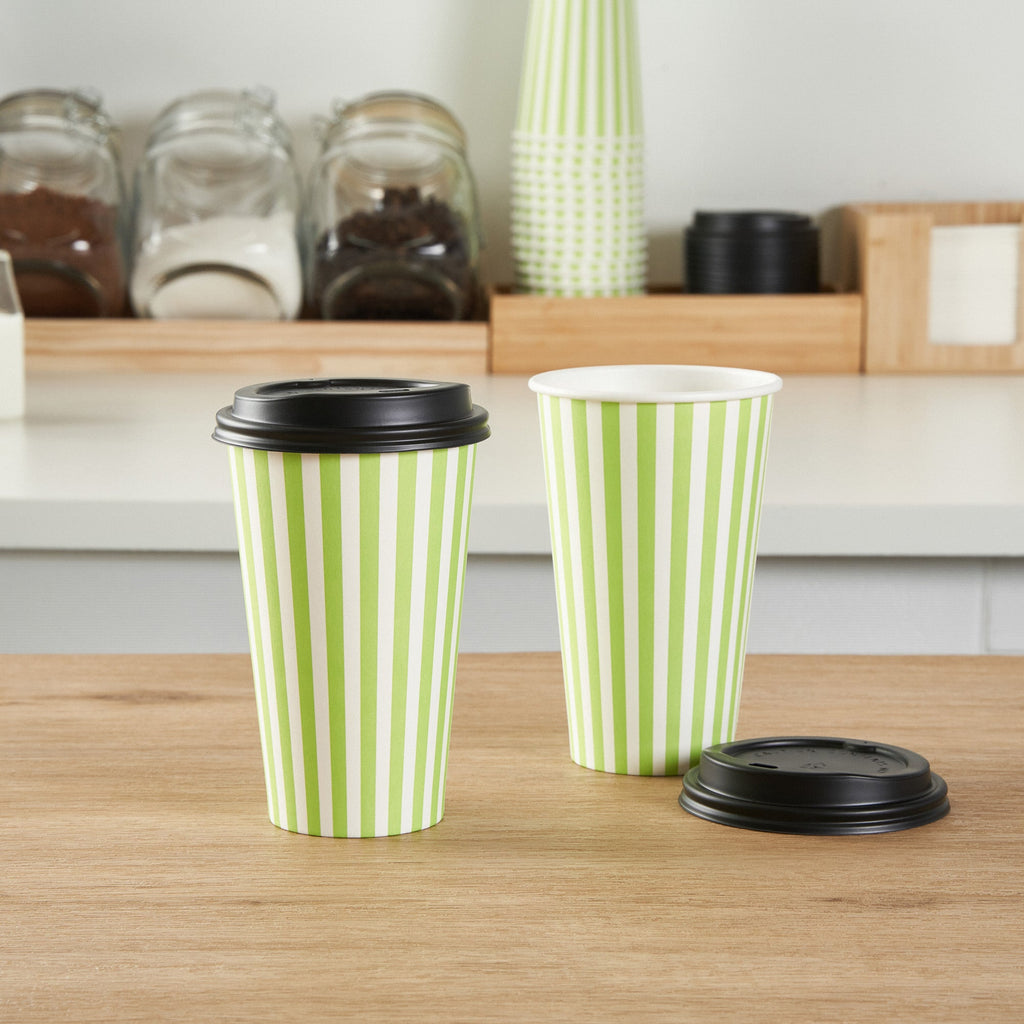 Restpresso 16 oz Green and White Stripe Paper Single Wall Coffee Cup - with Black Lid - 3 1/2"x 3 1/2"x 5 1/2" - 20 count box