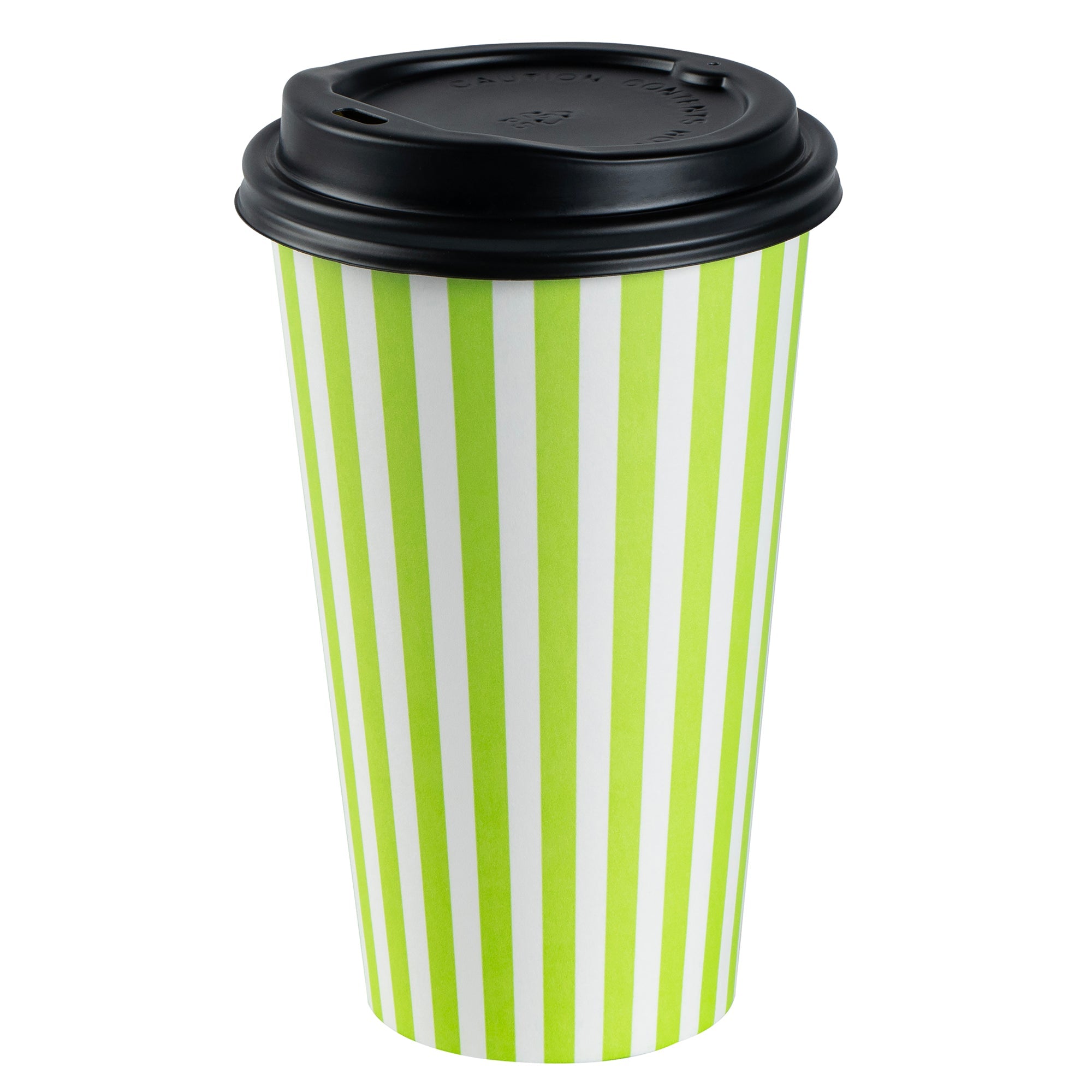 Restpresso 16 oz Green and White Stripe Paper Single Wall Coffee Cup - with Black Lid - 3 1/2"x 3 1/2"x 5 1/2" - 400 count box