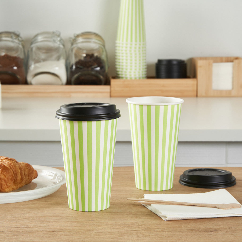 Restpresso 16 oz Green and White Stripe Paper Single Wall Coffee Cup - with Black Lid - 3 1/2"x 3 1/2"x 5 1/2" - 400 count box