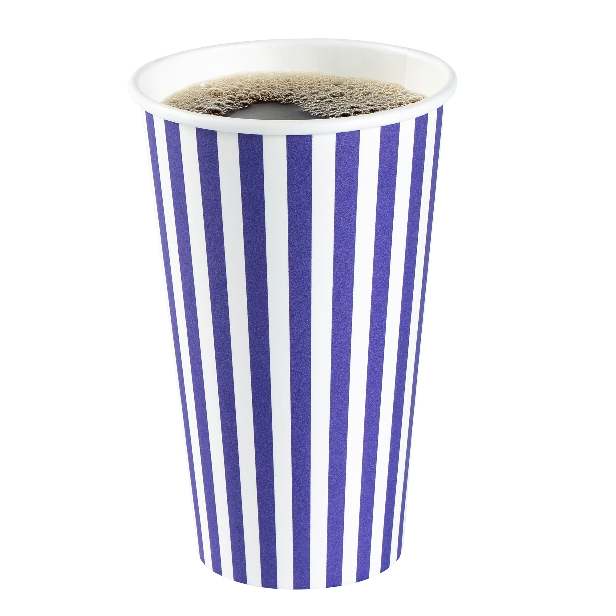 Restpresso 16 oz Purple and White Stripe Paper Single Wall Coffee Cup - with Black Lid - 3 1/2"x 3 1/2"x 5 1/2" - 20 count box