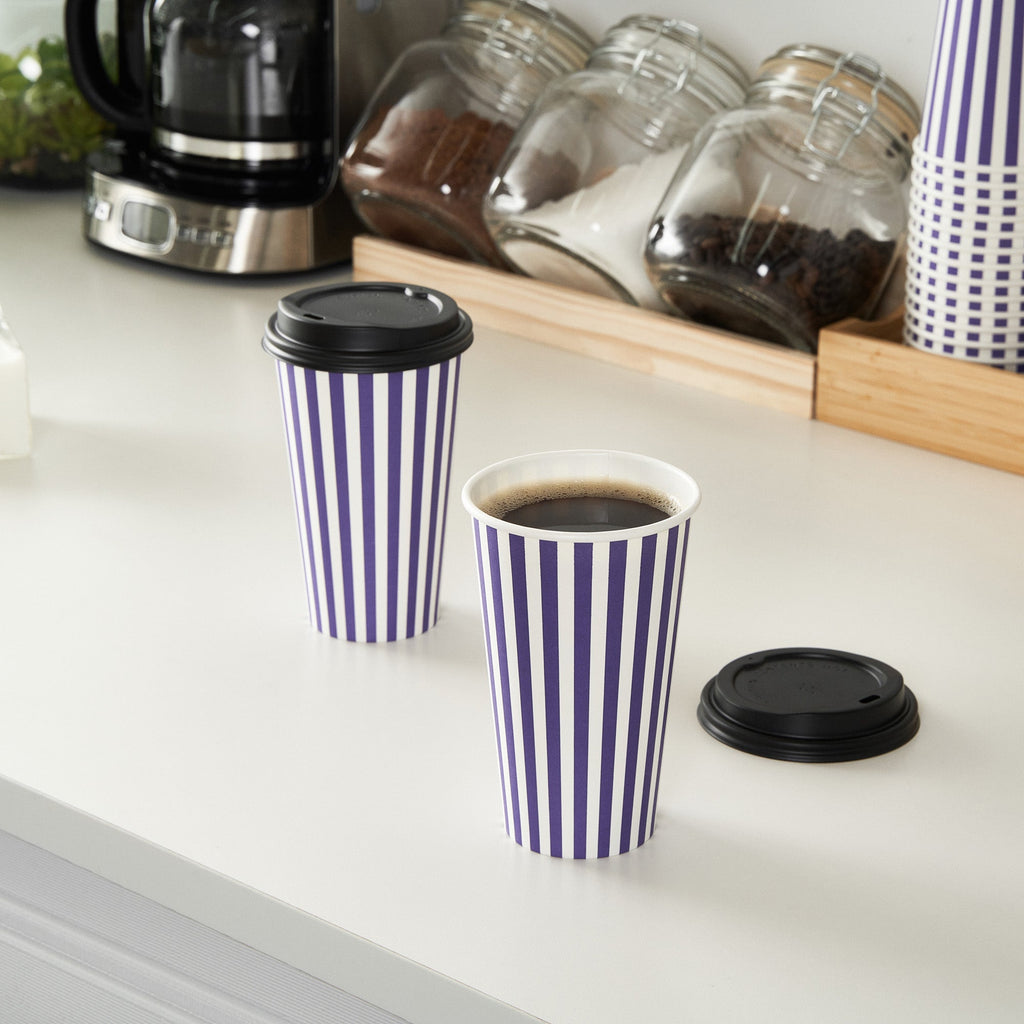 Restpresso 16 oz Purple and White Stripe Paper Single Wall Coffee Cup - with Black Lid - 3 1/2"x 3 1/2"x 5 1/2" - 400 count box