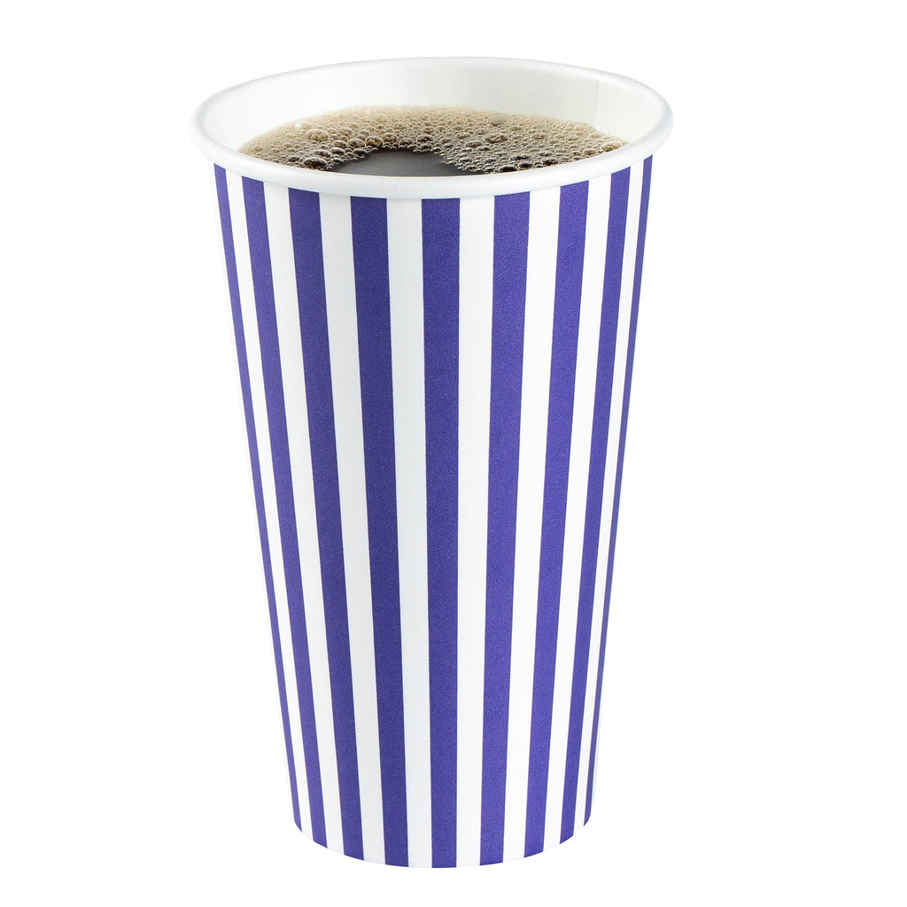 Restpresso 16 oz Purple and White Stripe Paper Single Wall Coffee Cup - with Black Lid - 3 1/2"x 3 1/2"x 5 1/2" - 400 count box