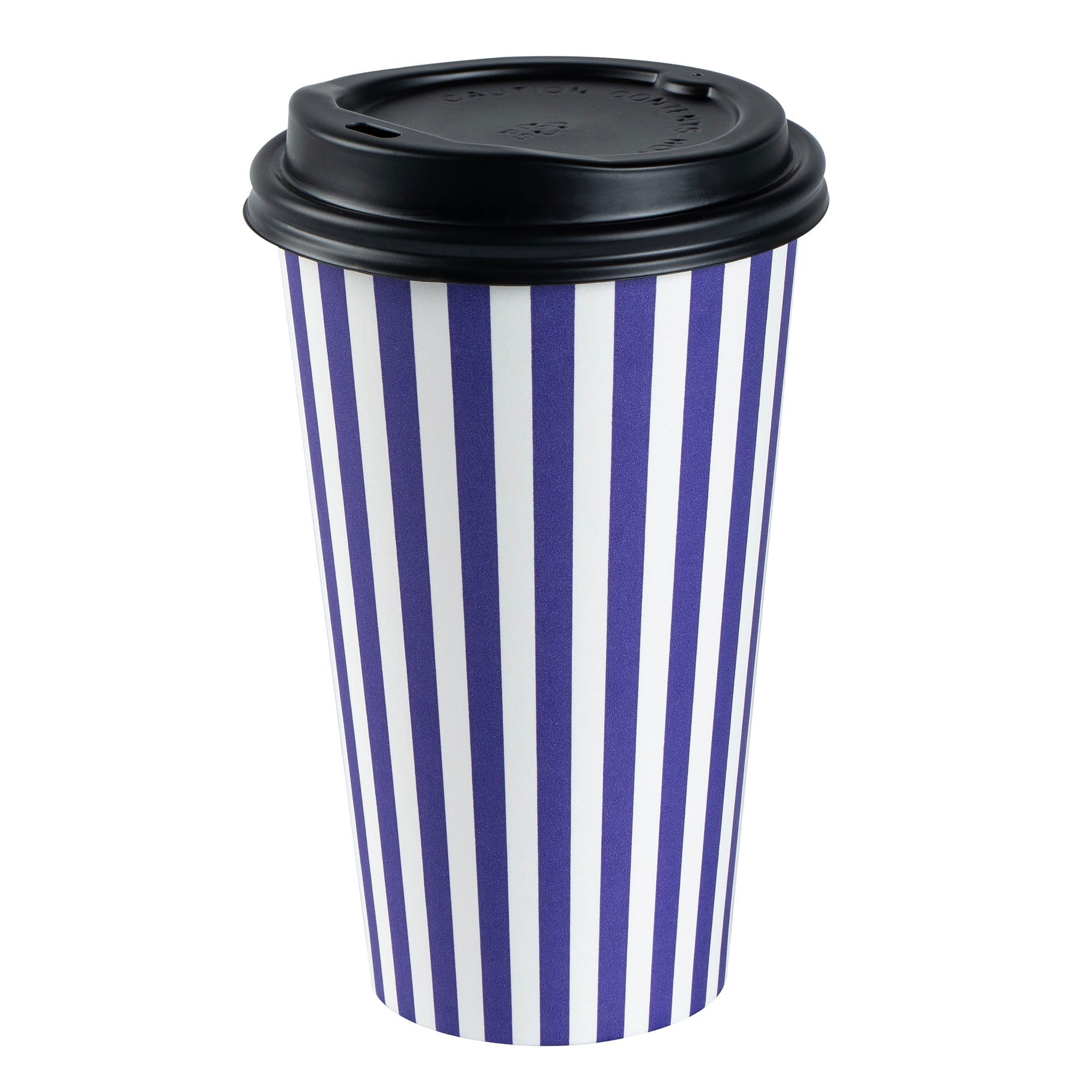 Restpresso 16 oz Purple and White Stripe Paper Single Wall Coffee Cup - with Black Lid - 3 1/2"x 3 1/2"x 5 1/2" - 400 count box