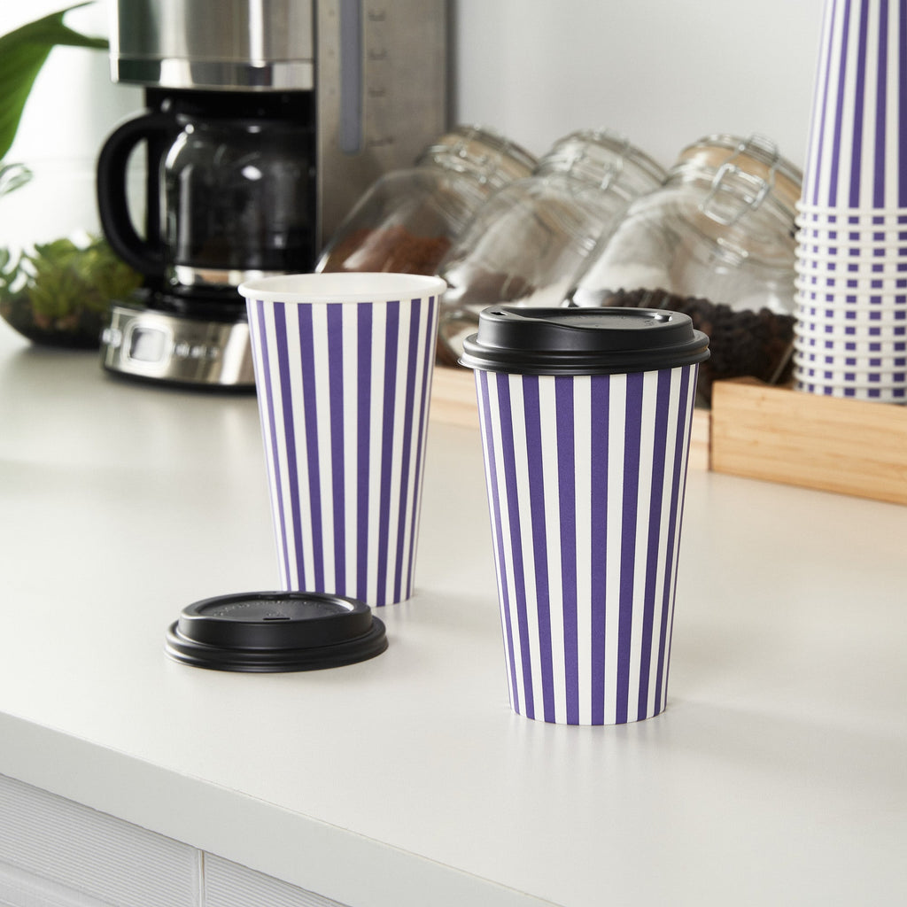 Restpresso 16 oz Purple and White Stripe Paper Single Wall Coffee Cup - with Black Lid - 3 1/2"x 3 1/2"x 5 1/2" - 400 count box