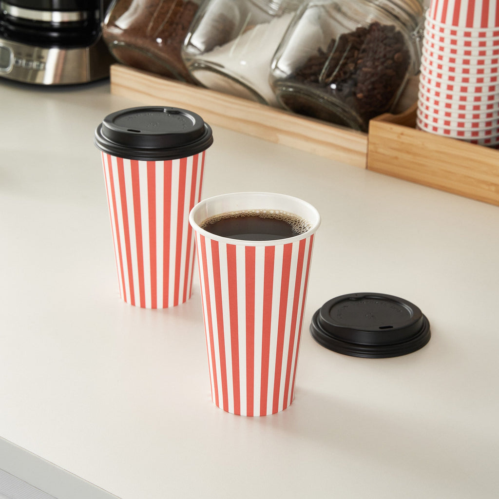 Restpresso 16 oz Red and White Stripe Paper Single Wall Coffee Cup - with Black Lid - 3 1/2"x 3 1/2"x 5 1/2" - 20 count box