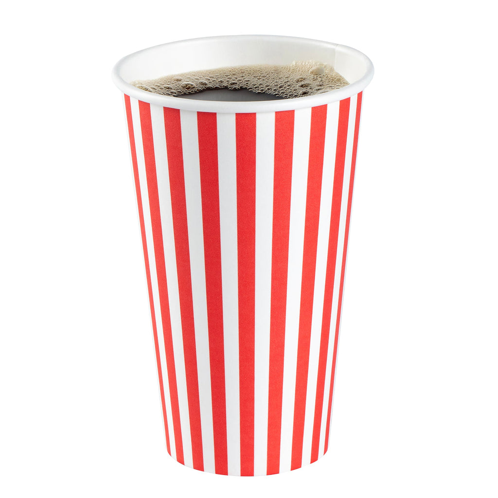 Restpresso 16 oz Red and White Stripe Paper Single Wall Coffee Cup - with Black Lid - 3 1/2"x 3 1/2"x 5 1/2" - 20 count box