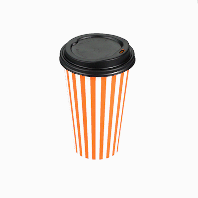 Restpresso 16 oz Orange and White Stripe Paper Single Wall Coffee Cup - with Black Lid - 3 1/2"x 3 1/2"x 5 1/2" - 20 count box