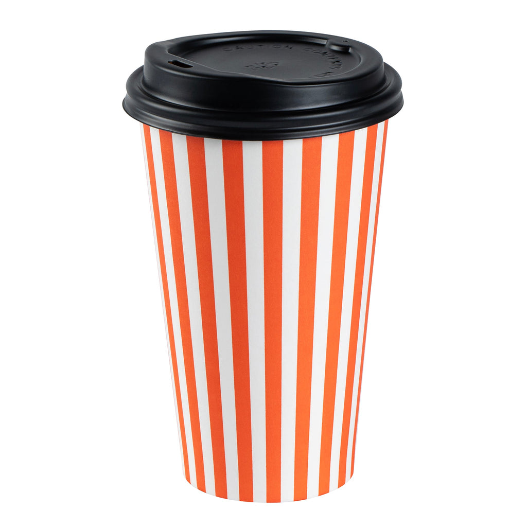 Restpresso 16 oz Orange and White Stripe Paper Single Wall Coffee Cup - with Black Lid - 3 1/2"x 3 1/2"x 5 1/2" - 20 count box