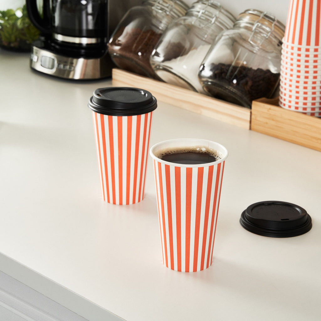 Restpresso 16 oz Orange and White Stripe Paper Single Wall Coffee Cup - with Black Lid - 3 1/2"x 3 1/2"x 5 1/2" - 400 count box