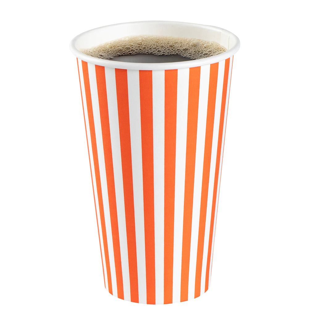 Restpresso 16 oz Orange and White Stripe Paper Single Wall Coffee Cup - with Black Lid - 3 1/2"x 3 1/2"x 5 1/2" - 400 count box