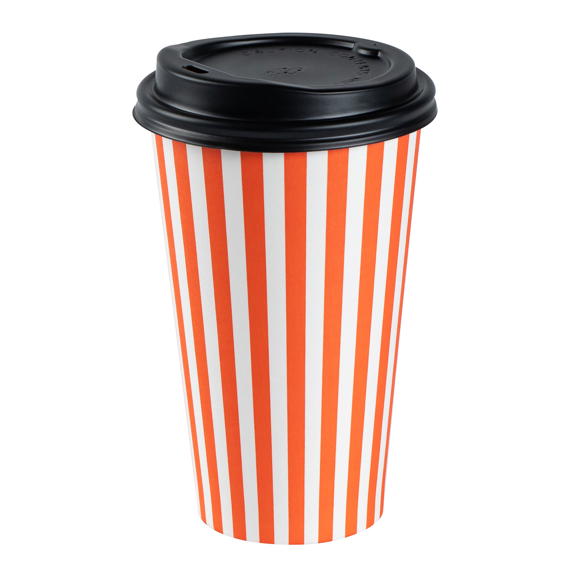 Restpresso 16 oz Orange and White Stripe Paper Single Wall Coffee Cup - with Black Lid - 3 1/2"x 3 1/2"x 5 1/2" - 400 count box