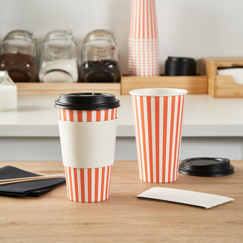 Restpresso 16 oz Orange and White Stripe Paper Single Wall Coffee Cup - with Black Lid - 3 1/2"x 3 1/2"x 5 1/2" - 400 count box