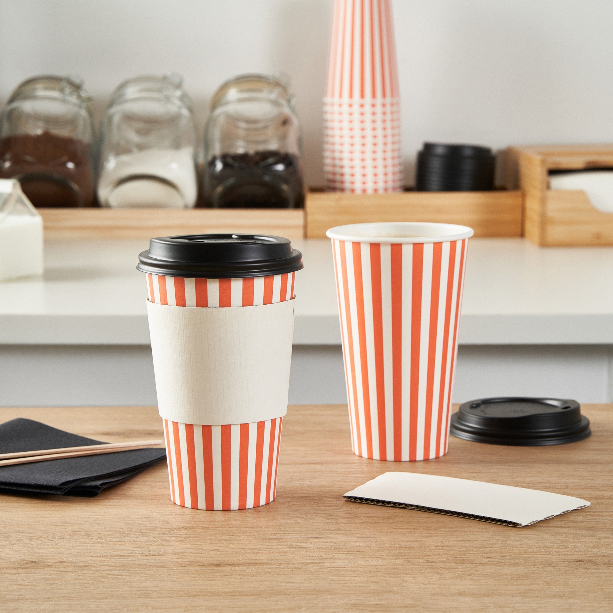 Restpresso 16 oz Orange and White Stripe Paper Single Wall Coffee Cup - with Black Lid - 3 1/2"x 3 1/2"x 5 1/2" - 400 count box