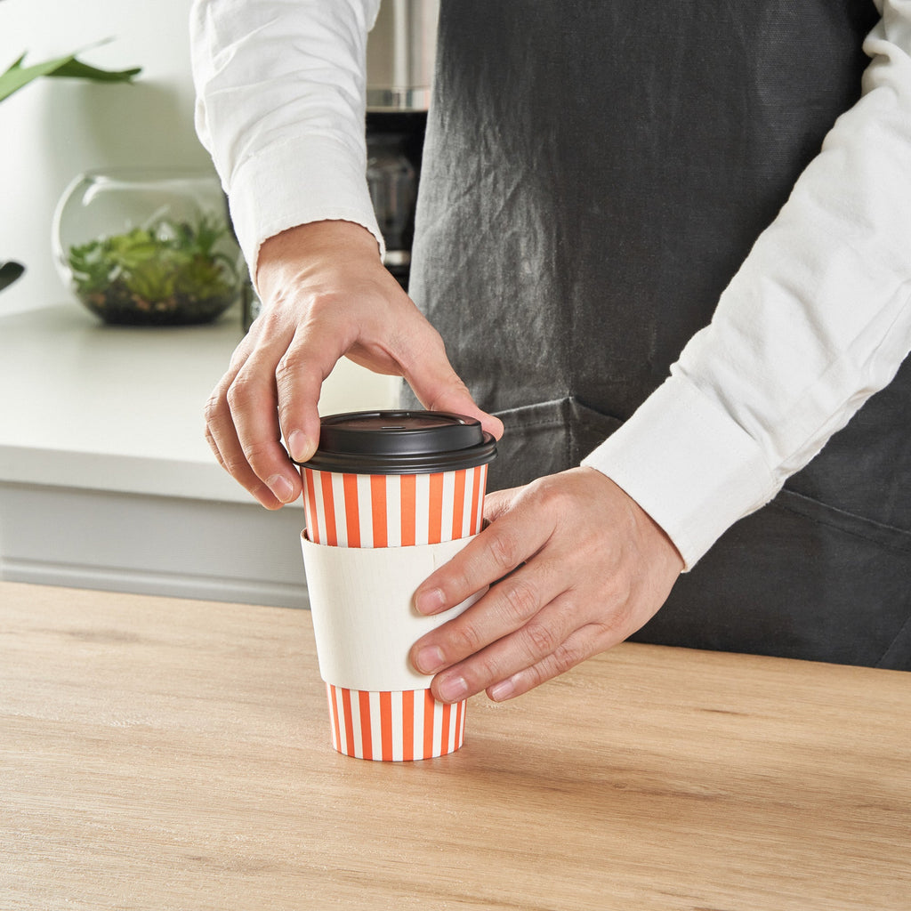 Restpresso 16 oz Orange and White Stripe Paper Single Wall Coffee Cup - with Black Lid - 3 1/2"x 3 1/2"x 5 1/2" - 400 count box