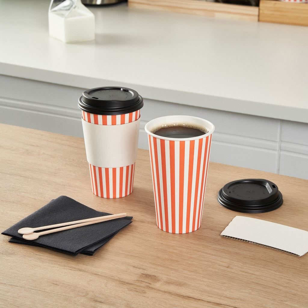 Restpresso 16 oz Orange and White Stripe Paper Single Wall Coffee Cup - with Black Lid - 3 1/2"x 3 1/2"x 5 1/2" - 400 count box