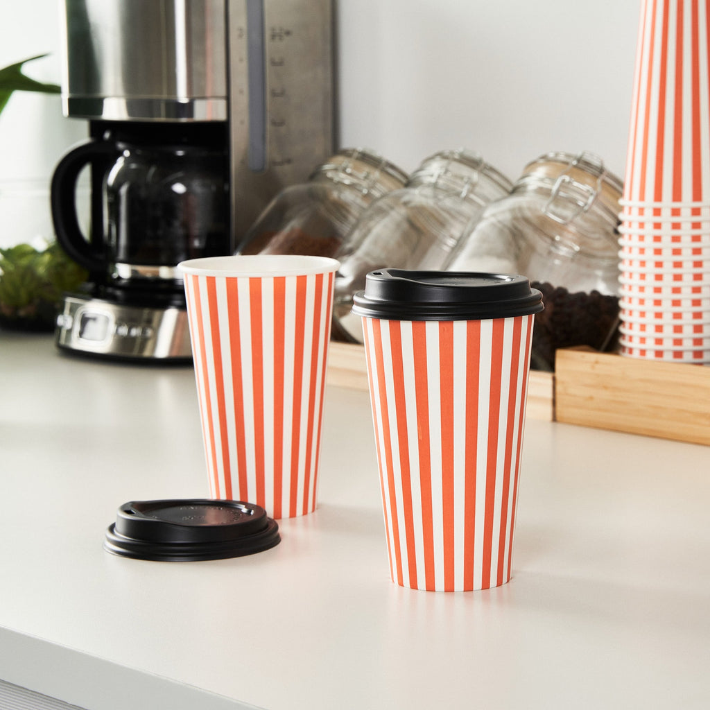 Restpresso 16 oz Orange and White Stripe Paper Single Wall Coffee Cup - with Black Lid - 3 1/2"x 3 1/2"x 5 1/2" - 400 count box