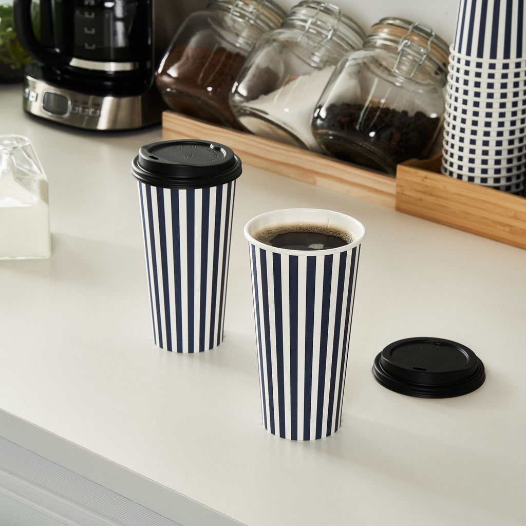 Restpresso 20 oz Blue and White Stripe Paper Single Wall Coffee Cup - with Black Lid - 3 1/2"x 3 1/2"x 6 1/4" - 20 count box