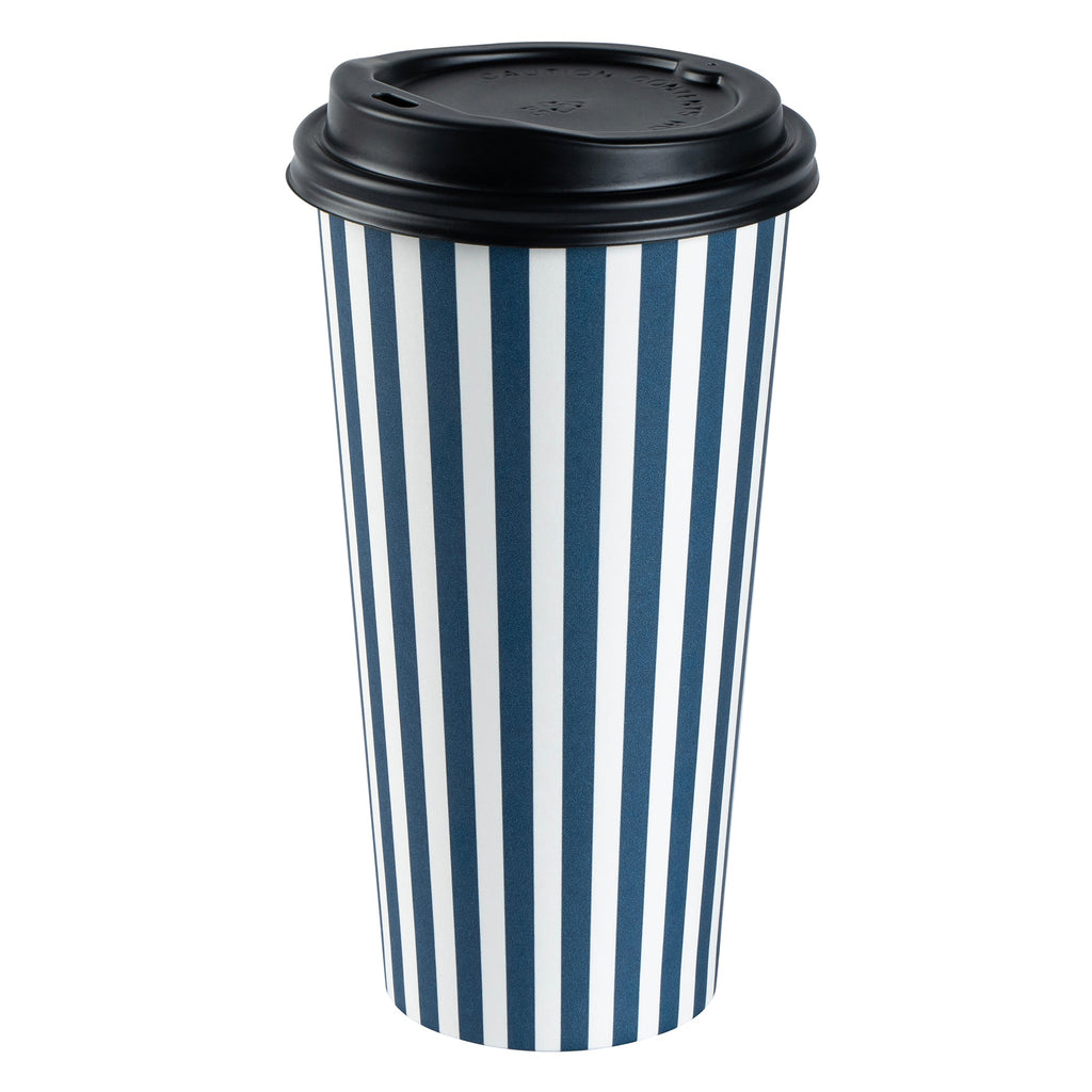 Restpresso 20 oz Blue and White Stripe Paper Single Wall Coffee Cup - with Black Lid - 3 1/2"x 3 1/2"x 6 1/4" - 400 count box