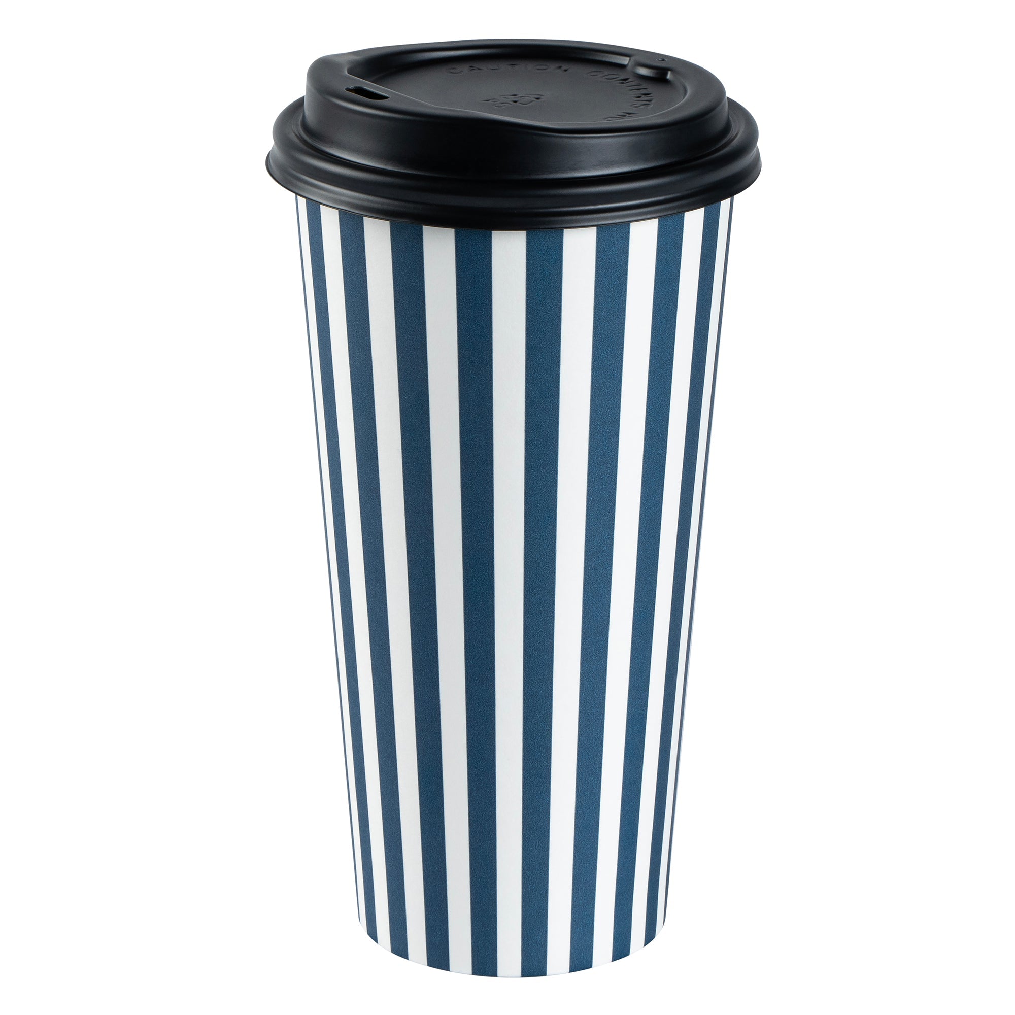 Restpresso 20 oz Blue and White Stripe Paper Single Wall Coffee Cup - with Black Lid - 3 1/2"x 3 1/2"x 6 1/4" - 400 count box