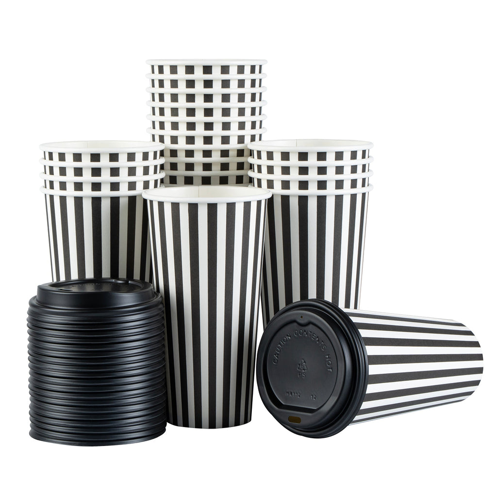 Restpresso 20 oz Black and White Stripe Paper Single Wall Coffee Cup - with Black Lid - 3 1/2"x 3 1/2"x 6 1/4" - 20 count box