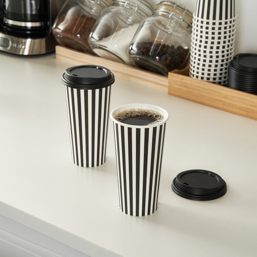 Restpresso 20 oz Black and White Stripe Paper Single Wall Coffee Cup - with Black Lid - 3 1/2"x 3 1/2"x 6 1/4" - 20 count box