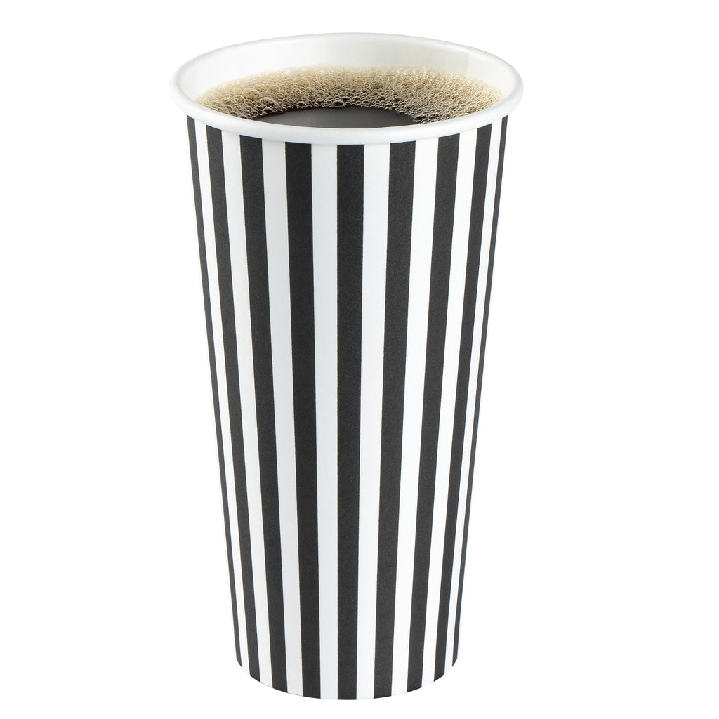 Restpresso 20 oz Black and White Stripe Paper Single Wall Coffee Cup - with Black Lid - 3 1/2"x 3 1/2"x 6 1/4" - 400 count box