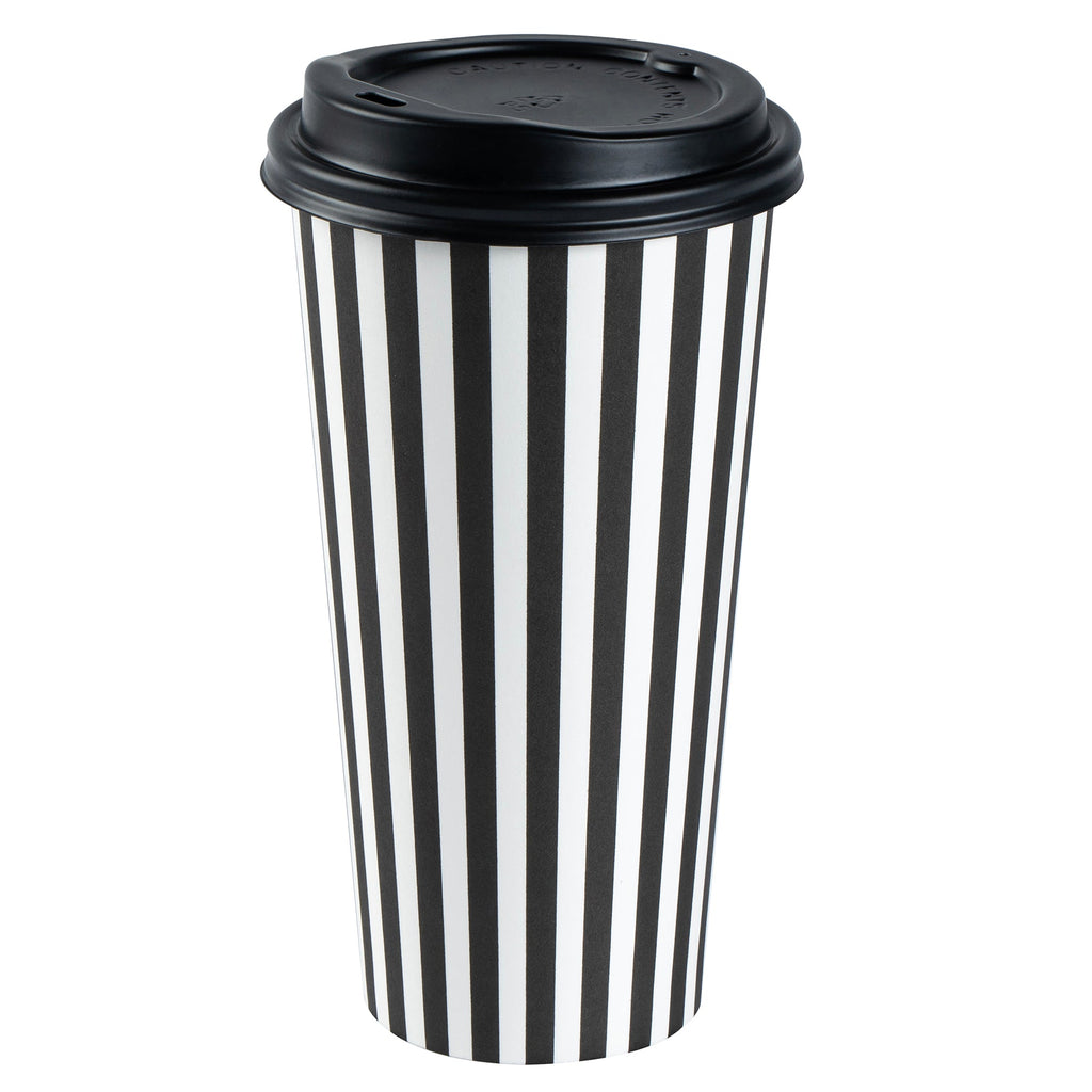 Restpresso 20 oz Black and White Stripe Paper Single Wall Coffee Cup - with Black Lid - 3 1/2"x 3 1/2"x 6 1/4" - 400 count box