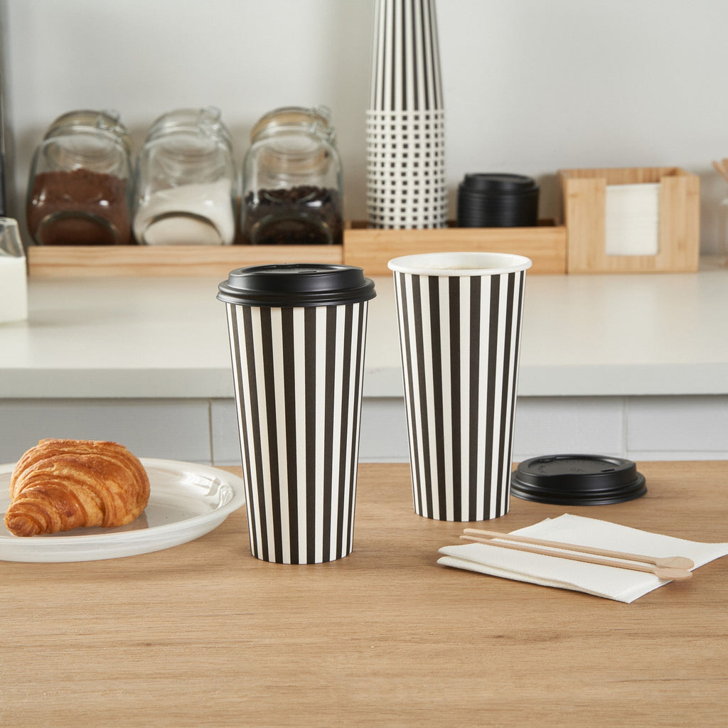 Restpresso 20 oz Black and White Stripe Paper Single Wall Coffee Cup - with Black Lid - 3 1/2"x 3 1/2"x 6 1/4" - 400 count box