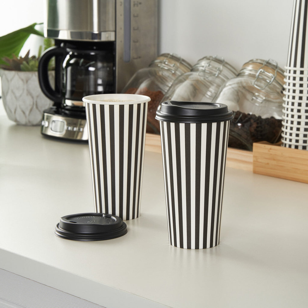 Restpresso 20 oz Black and White Stripe Paper Single Wall Coffee Cup - with Black Lid - 3 1/2"x 3 1/2"x 6 1/4" - 400 count box