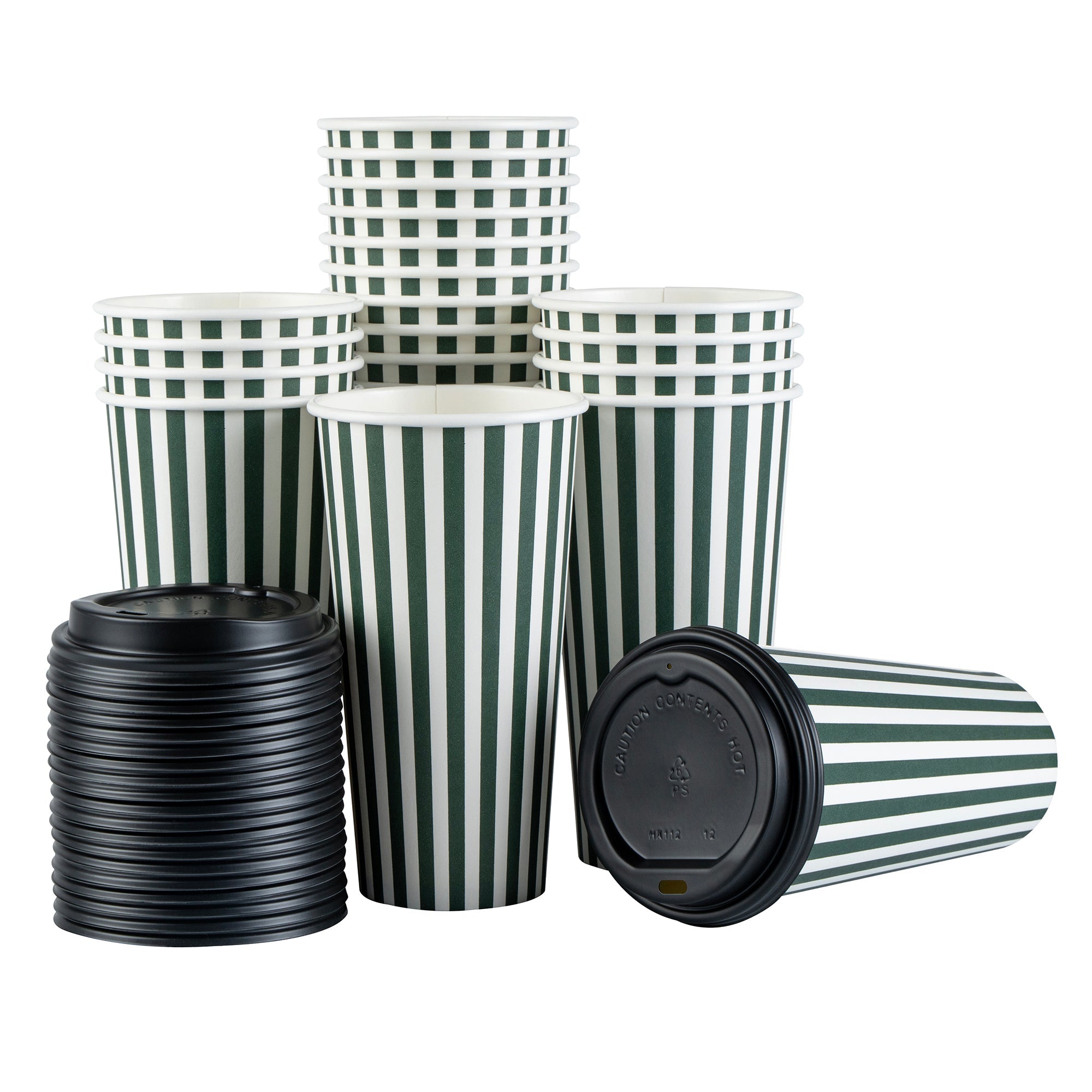 Restpresso 20 oz Forest Green and White Stripe Paper Single Wall Coffee Cup - with Black Lid - 3 1/2"x 3 1/2"x 6 1/4" - 20 count box