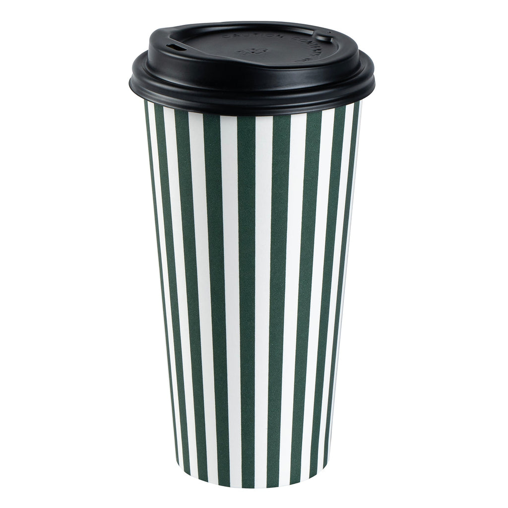 Restpresso 20 oz Forest Green and White Stripe Paper Single Wall Coffee Cup - with Black Lid - 3 1/2"x 3 1/2"x 6 1/4" - 20 count box